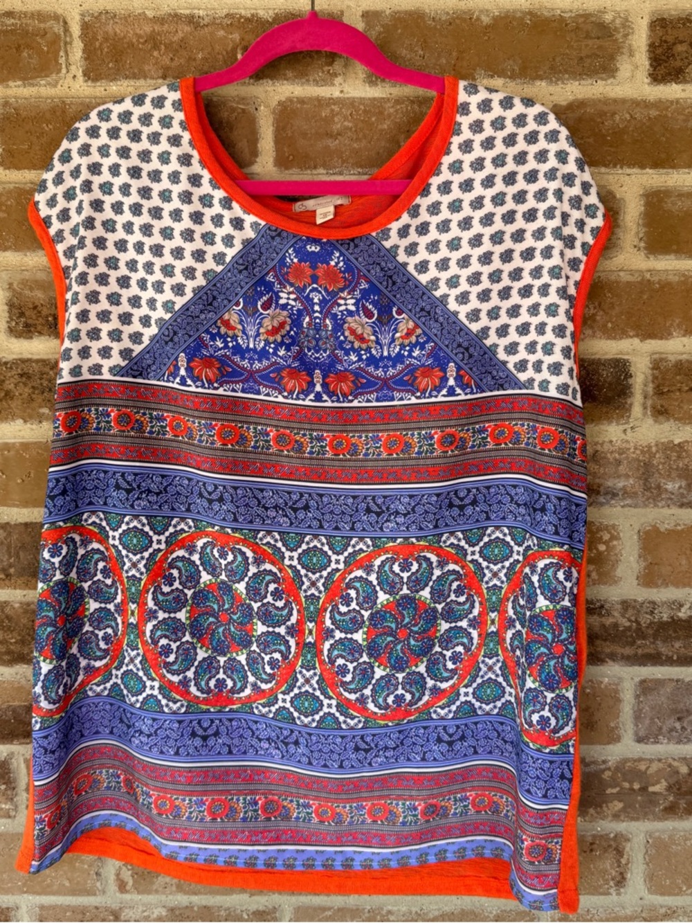 Boho Mosaic Print Cap-Sleeve Tank Top - Orange Trim